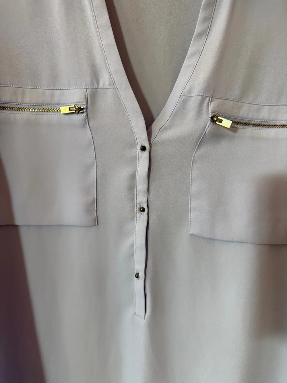 Express Light Lavender Button-Front V-Neck Blouse with Gold Zippers
